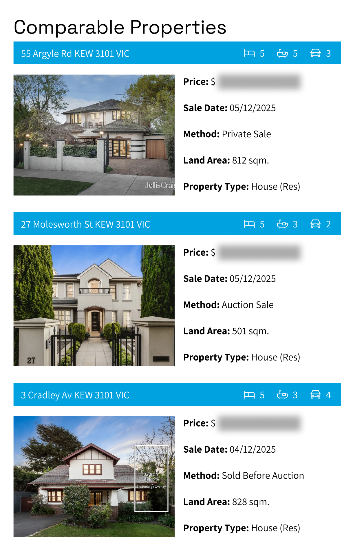 Comparable properties comparison interface